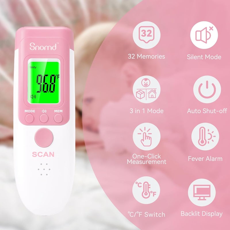 Snomd Digital Non-Contact Infrared Forehead Thermometer for Adults, Kids, and Baby, 3-in-1 Medical Grade Thermometer with Fever Indicator, Instant Reading, Backlit LCD Display - Image 2